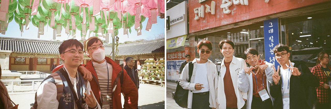 (Left) Lionel (on the right) with Ivan from Team Creative Potatoes of Malaysia. (Right) Team KYAT (Myanmar) sends a heart to Carla behind the camera as finalists explore Busan together.