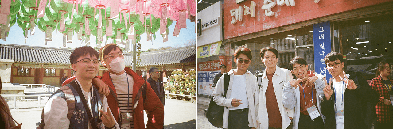 (Left) Lionel (on the right) with Ivan from Team Creative Potatoes of Malaysia. (Right) Team KYAT (Myanmar)  sends a heart to Carla behind the camera as finalists explore Busan together.