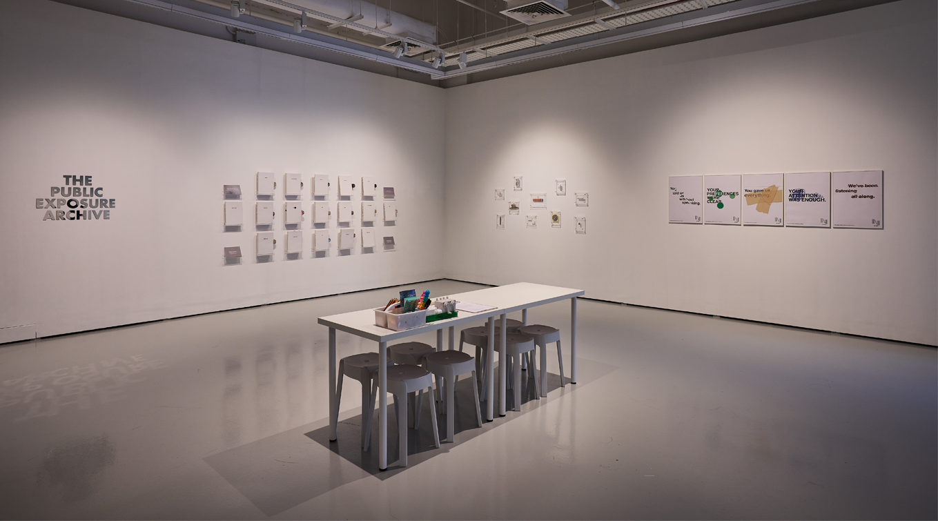 Installation view of The Public Exposure Archive (2025), presented at nospacefortomorrow: MA Fine Arts and MA Arts and Ecology Graduation Showcase 2025.