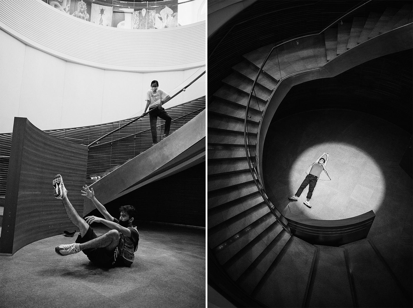 Diptych of choreographer Germaine Cheng rehearsing a dancer and of a bird's eye view of the dancer at the bottom of a stairwell