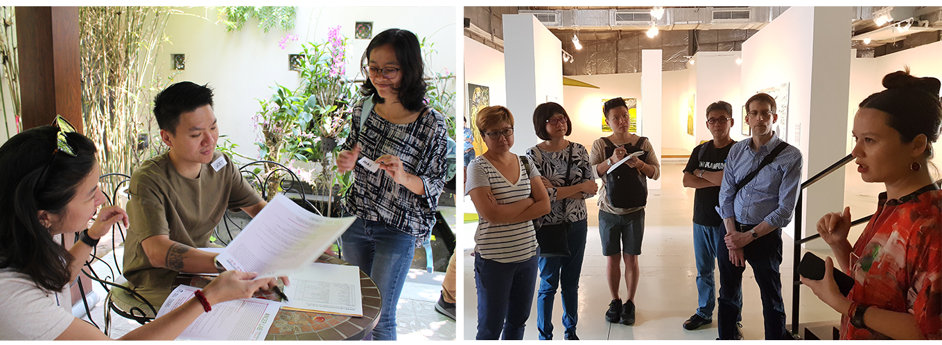 Left: Grey (middle) processing registrations at ANCER (Asia Pacific Network for Cultural Education and Research) Lab 2019 in Vietnam. Right: Grey (third from left) with other ANCER participants at art space Factory in Ho Chi Minh City.