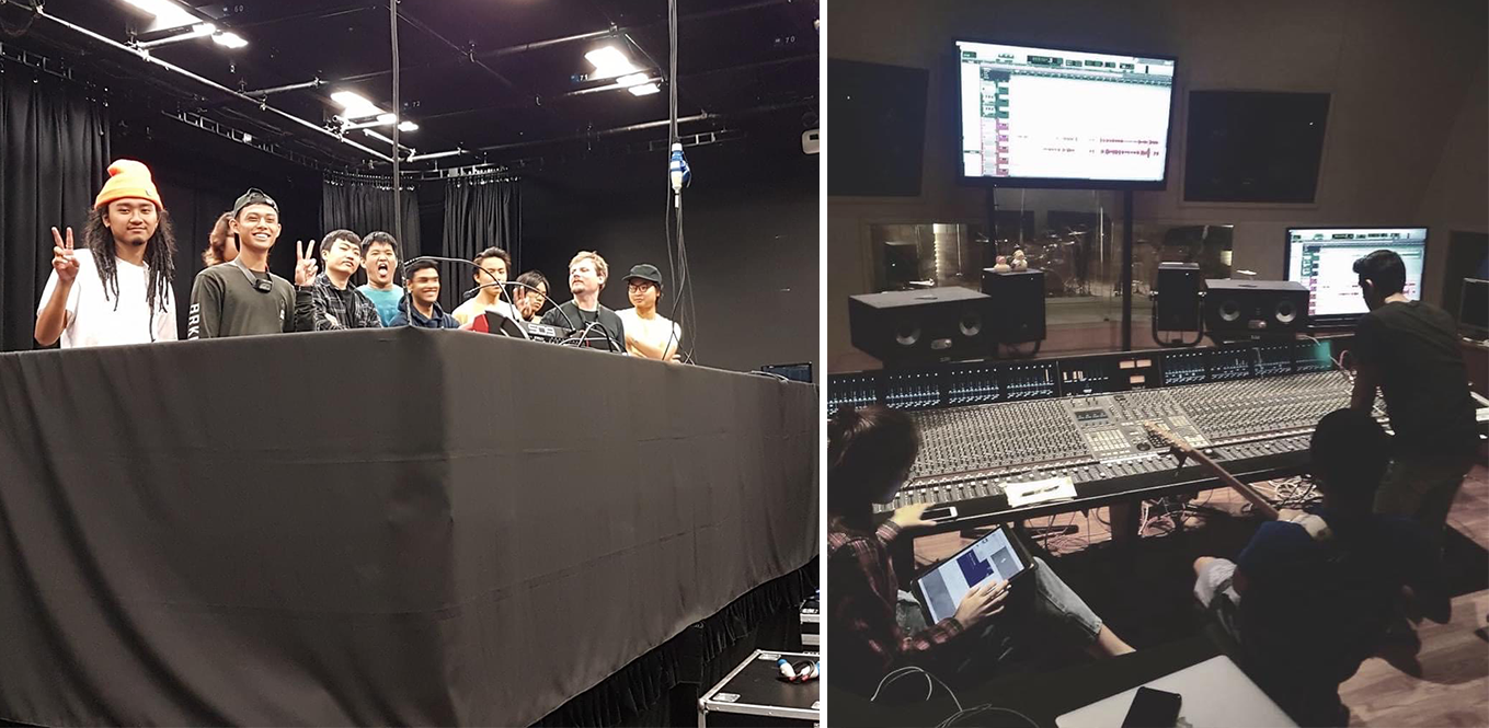 Nik and classmates mixing a live show at the Flexible Performance Space (left) and working in the recording studio at the McNally Campus (right).