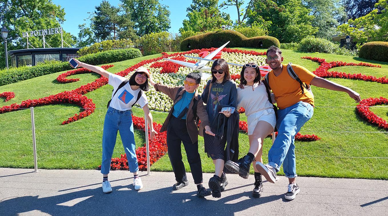 BA(Hons) Animation Art students strike a pose in front of the Geneva Flower Clock during their trip to Annecy, France. 