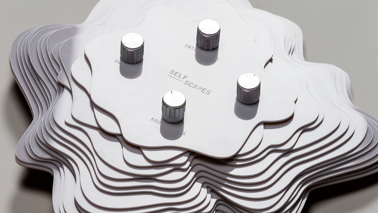 Close-up of sculptural object titled 'Selfscapes' with metal knobs and layered topography-inspired paper cut-outs exploring identity.