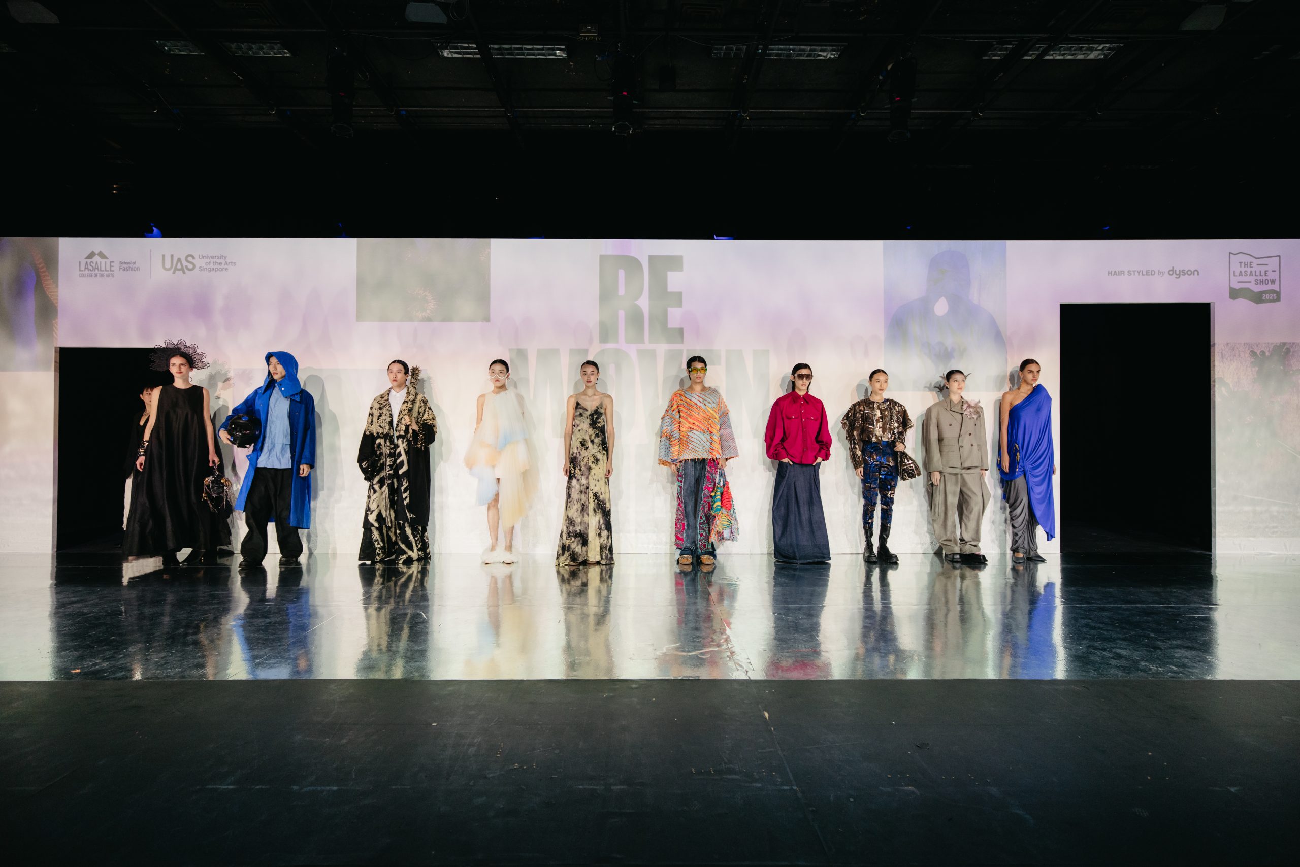 Line-up of fashion design graduates presenting diverse runway looks at The LASALLE Show 2025, under the theme 'Rewoven Ties'.