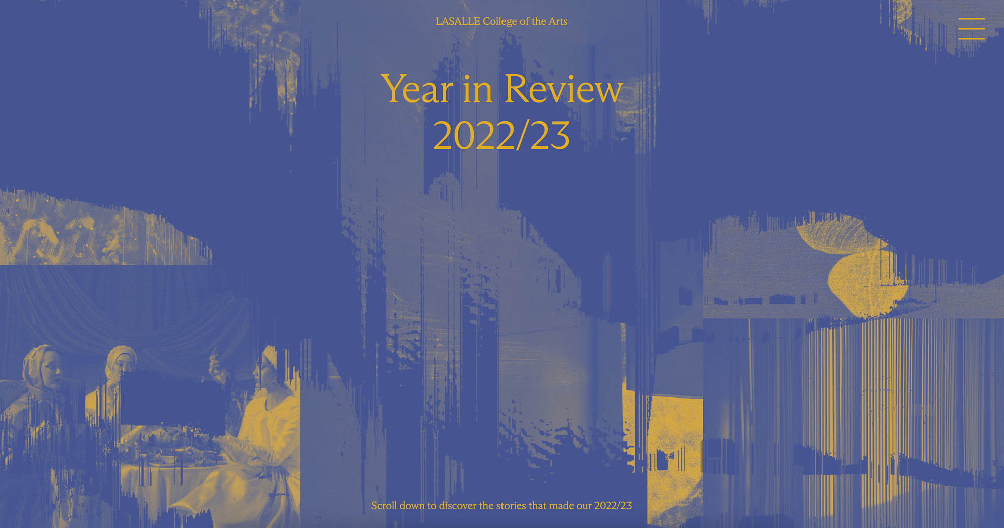 Blue and gold abstract digital collage with distorted portraits and text ‘Year in Review 2022/23’ at the centre.