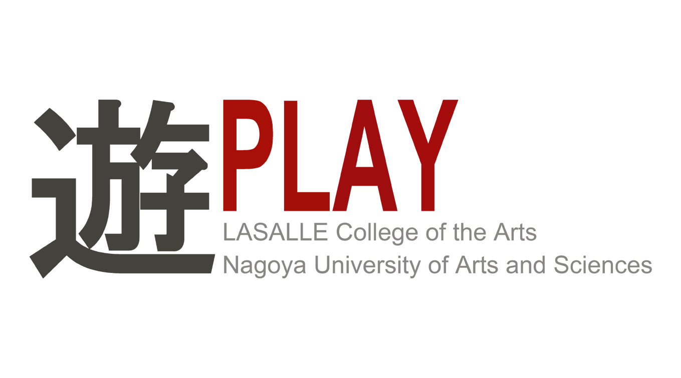 PLAY logo featuring a large Chinese character for "play" beside the word PLAY, with LASALLE College of the Arts and Nagoya University below.