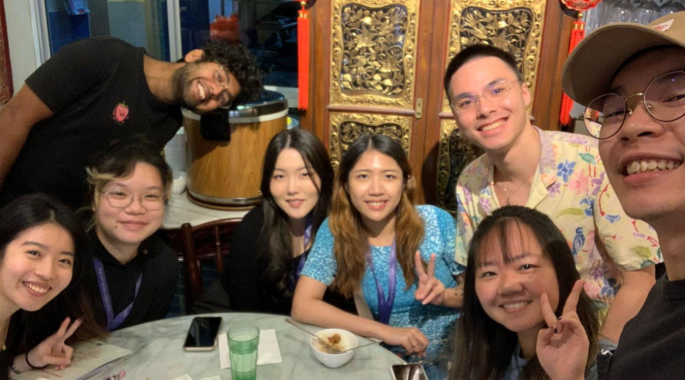 From left: Carissa Huang, Ashley Han, Carla Castle and Megan Leow with Krish Nataraja from Strawberries Inc. and Patch and Punnet, Dylan from Peranakan Inn, Chermaine Tan Ting Ting, assistant stage manager for the ARTWALK dinner theatre programme and Wang Wen Han Zachery, videographer for the dinner theatre programme.