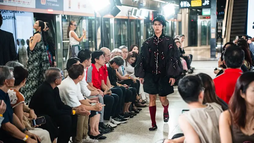One of the designs from the SILENT PIROUETTE collection during the fashion show at Cantonment MRT Station